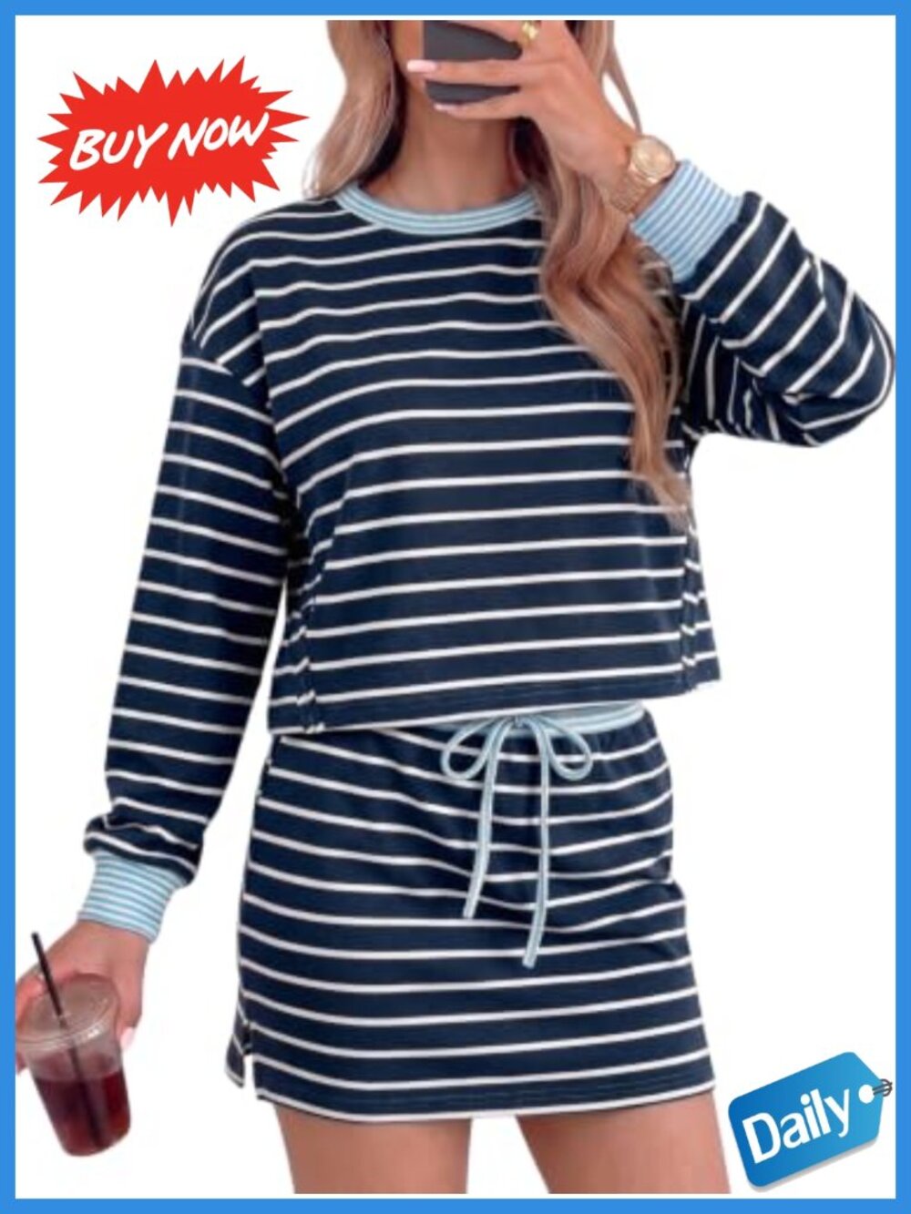Womens 2 Piece Striped Matching Set Long Sleeve Top High Waisted Skort